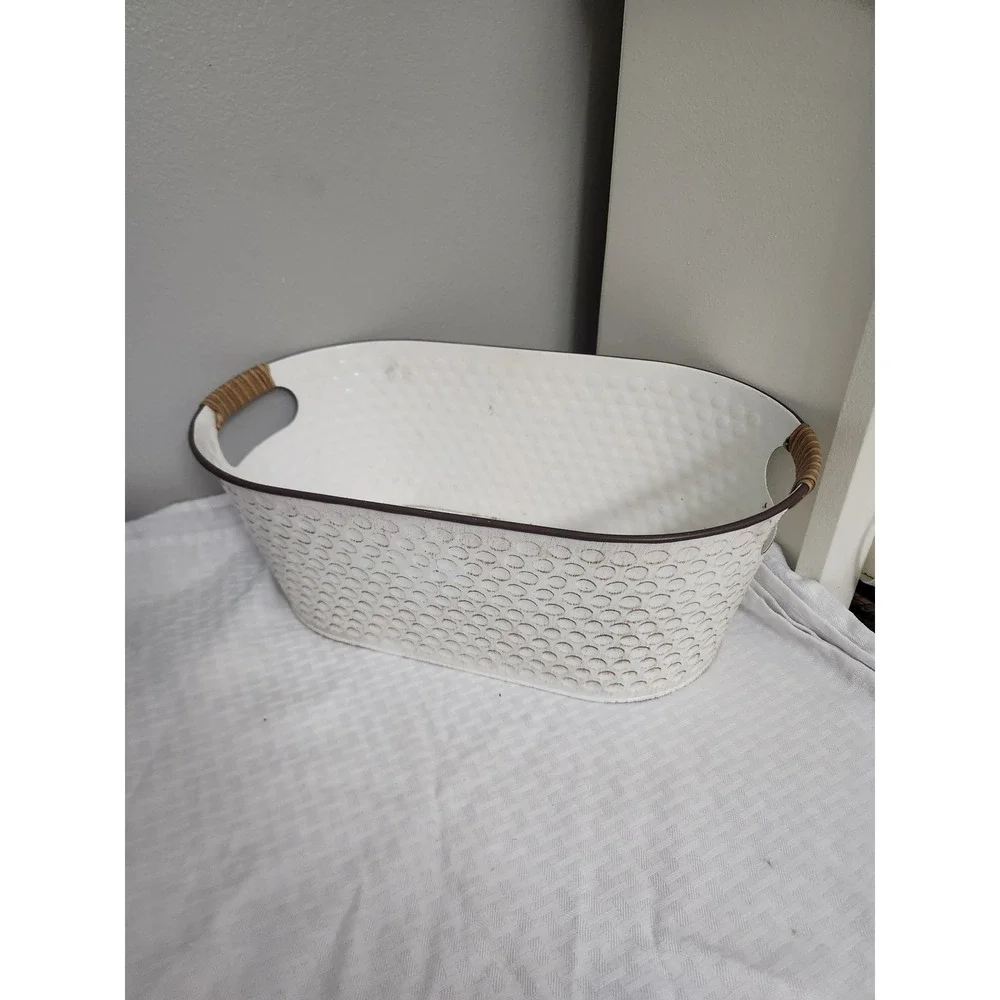 White Distressed Metal Oval Storage Bin with Rattan Handles Farmhouse Decor